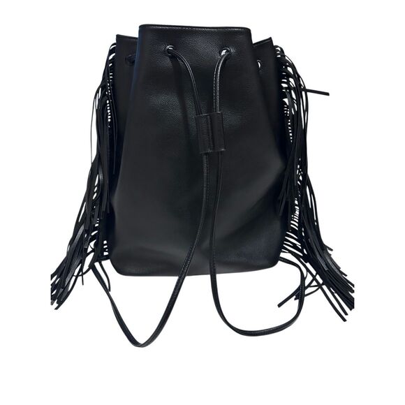 Victoria’s Secret Black Drawstring Fringed Backback Tote Faux Leather NWOT - Picture 2 of 11